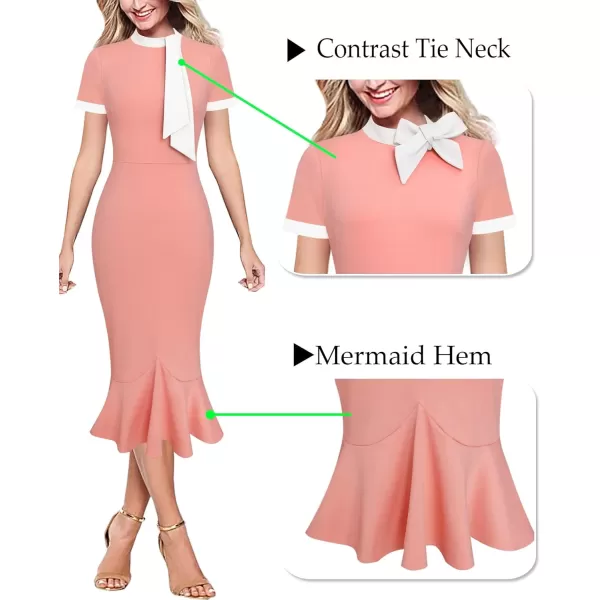 VFSHOW Womens Bow Tie Neck Vintage Cocktail Party Bodycon Pencil Mermaid Midi DressPeach and White