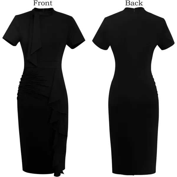 VFSHOW Womens Bow Tie V Neck Cocktail Work Business Bodycon Pencil DressBlack Ruffle Split