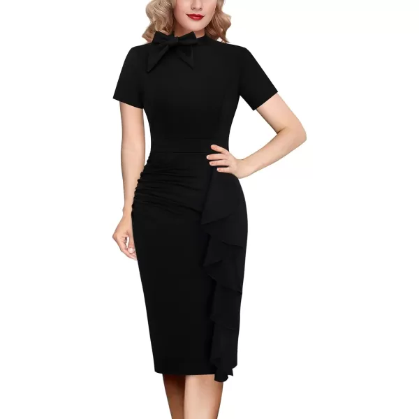 VFSHOW Womens Bow Tie V Neck Cocktail Work Business Bodycon Pencil DressBlack Ruffle Split