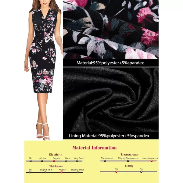 VFSHOW Womens Bow Tie V Neck Cocktail Work Business Bodycon Pencil DressBlack and Multi Floral Print2