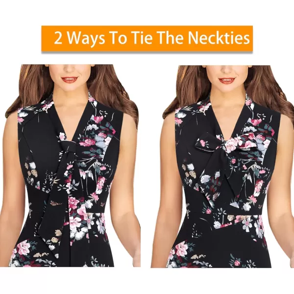 VFSHOW Womens Bow Tie V Neck Cocktail Work Business Bodycon Pencil DressBlack and Multi Floral Print2