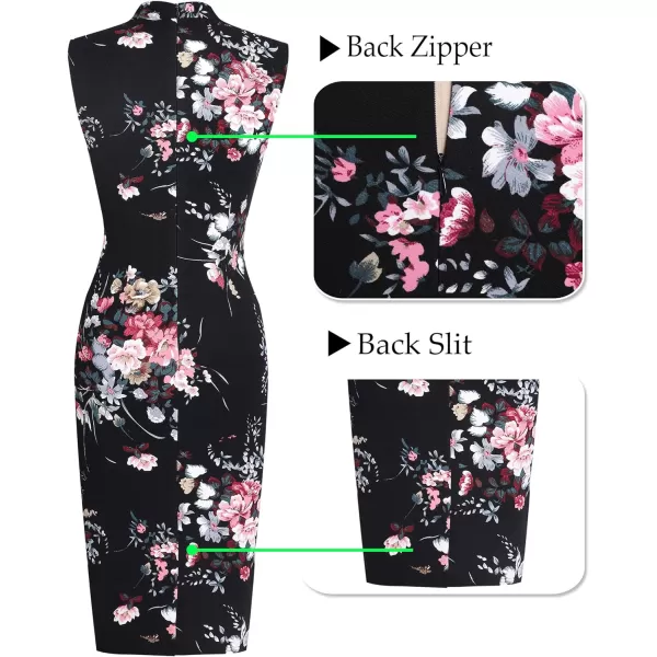 VFSHOW Womens Bow Tie V Neck Cocktail Work Business Bodycon Pencil DressBlack and Multi Floral Print2