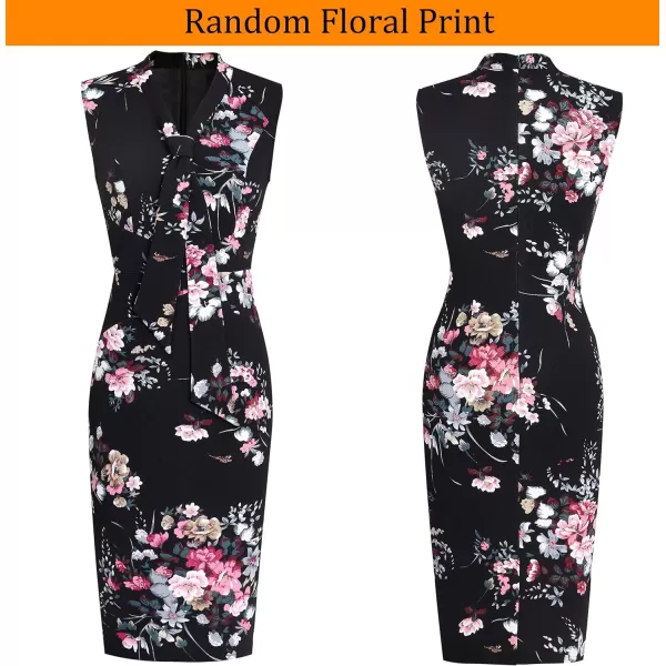 VFSHOW Womens Bow Tie V Neck Cocktail Work Business Bodycon Pencil DressBlack and Multi Floral Print2