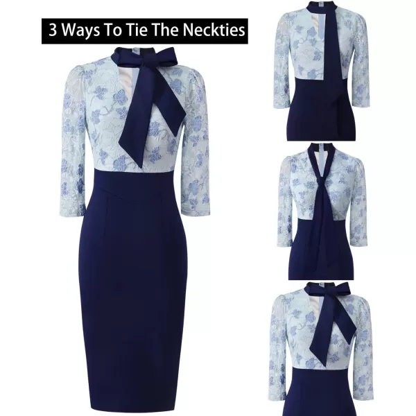 VFSHOW Womens Bow Tie V Neck Cocktail Work Business Bodycon Pencil DressBlue Green Lacenavy Blue