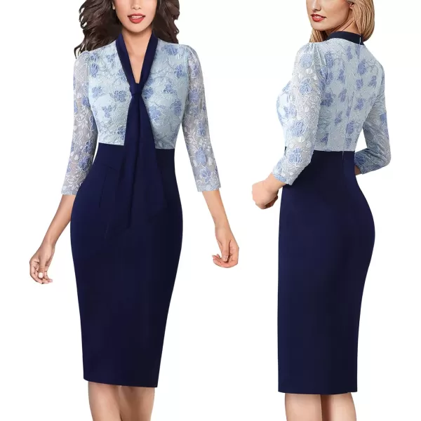 VFSHOW Womens Bow Tie V Neck Cocktail Work Business Bodycon Pencil DressBlue Green Lacenavy Blue