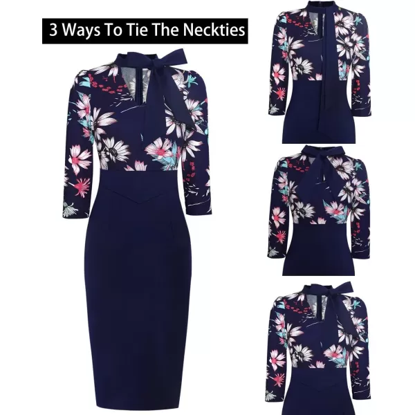 VFSHOW Womens Bow Tie V Neck Cocktail Work Business Bodycon Pencil DressMulti Floral Print Navy Blue