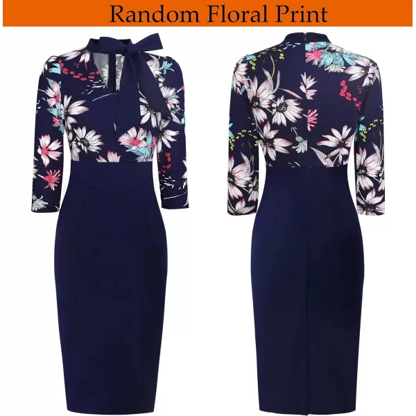 VFSHOW Womens Bow Tie V Neck Cocktail Work Business Bodycon Pencil DressMulti Floral Print Navy Blue