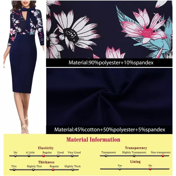 VFSHOW Womens Bow Tie V Neck Cocktail Work Business Bodycon Pencil DressMulti Floral Print Navy Blue