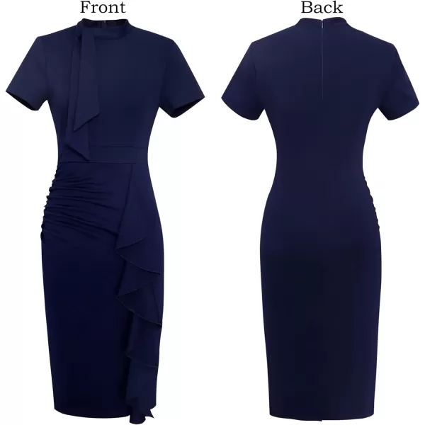 VFSHOW Womens Bow Tie V Neck Cocktail Work Business Bodycon Pencil DressNavy Blueruffle Split