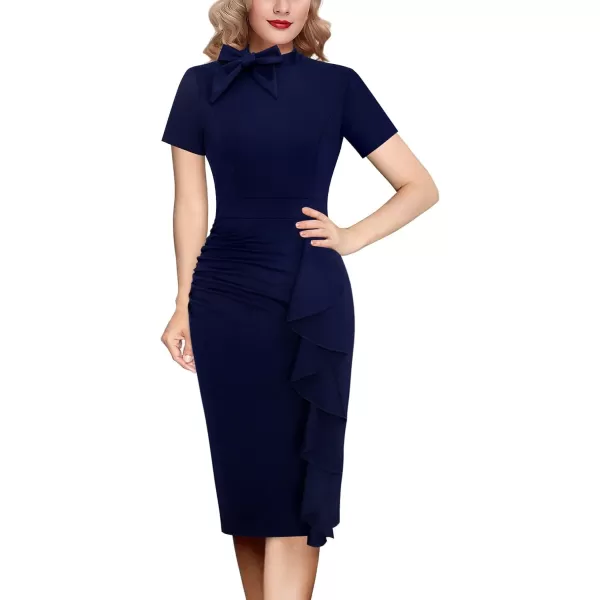 VFSHOW Womens Bow Tie V Neck Cocktail Work Business Bodycon Pencil DressNavy Blueruffle Split