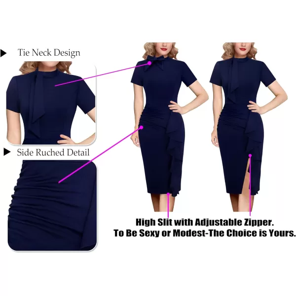 VFSHOW Womens Bow Tie V Neck Cocktail Work Business Bodycon Pencil DressNavy Blueruffle Split