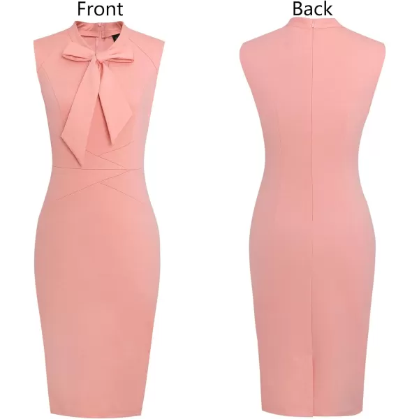 VFSHOW Womens Bow Tie V Neck Cocktail Work Business Bodycon Pencil DressPeach Sleeveless