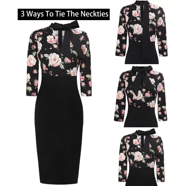 VFSHOW Womens Bow Tie V Neck Cocktail Work Business Bodycon Pencil DressPink Floral Print Black