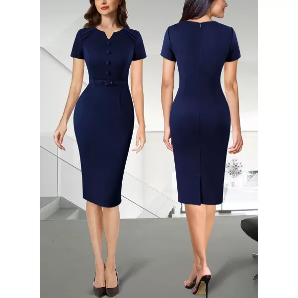 VFSHOW Womens Business Pleated Notch V Neck Buttons Fitted Work Office Dress Elegant Belted Church Slim Bodycon Pencil Sheath DressVFSHOW Womens Business Pleated Notch V Neck Buttons Fitted Work Office Dress Elegant Belted Church Slim Bodycon Pencil Sheath Dress