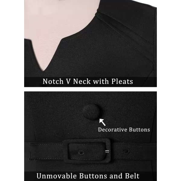 VFSHOW Womens Business Pleated Notch V Neck Buttons Fitted Work Office Elegant Belted Church Bodycon Pencil Sheath DressBlack