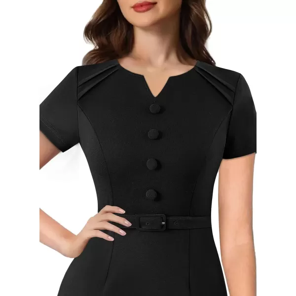 VFSHOW Womens Business Pleated Notch V Neck Buttons Fitted Work Office Elegant Belted Church Bodycon Pencil Sheath DressBlack