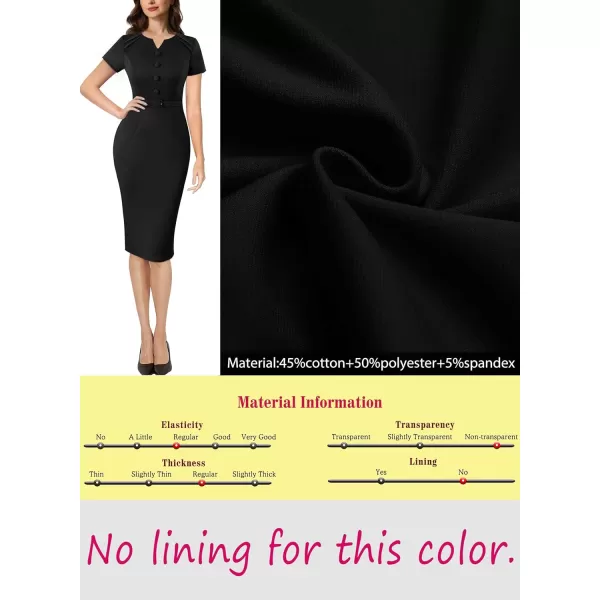 VFSHOW Womens Business Pleated Notch V Neck Buttons Fitted Work Office Elegant Belted Church Bodycon Pencil Sheath DressBlack