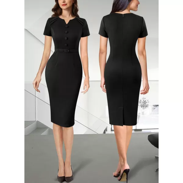 VFSHOW Womens Business Pleated Notch V Neck Buttons Fitted Work Office Elegant Belted Church Bodycon Pencil Sheath DressBlack