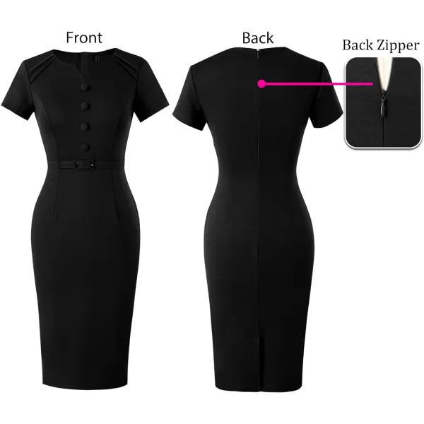 VFSHOW Womens Business Pleated Notch V Neck Buttons Fitted Work Office Elegant Belted Church Bodycon Pencil Sheath DressBlack