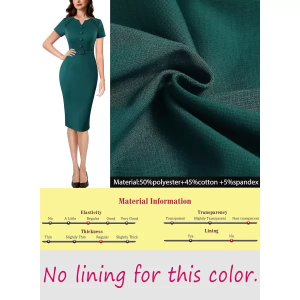 VFSHOW Womens Business Pleated Notch V Neck Buttons Fitted Work Office Elegant Belted Church Bodycon Pencil Sheath DressDark Green