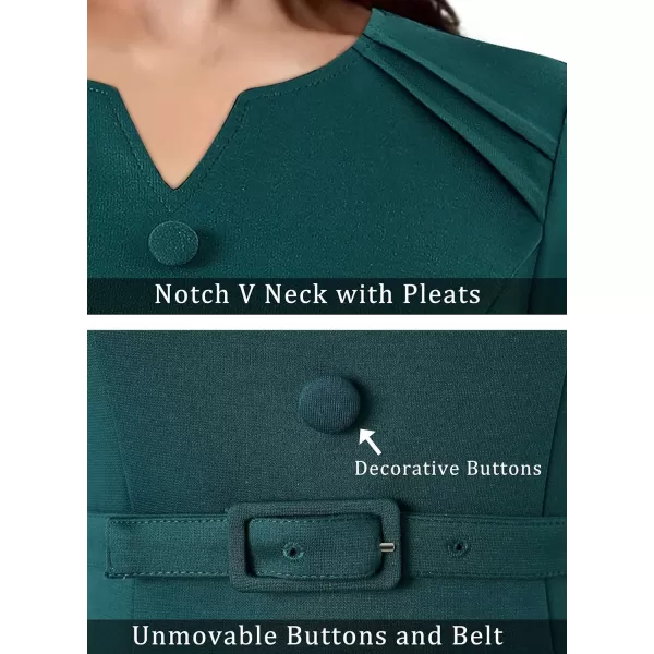 VFSHOW Womens Business Pleated Notch V Neck Buttons Fitted Work Office Elegant Belted Church Bodycon Pencil Sheath DressDark Green