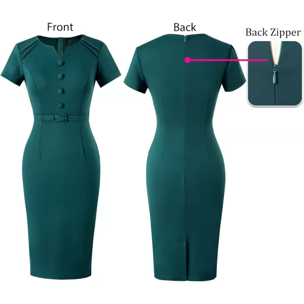 VFSHOW Womens Business Pleated Notch V Neck Buttons Fitted Work Office Elegant Belted Church Bodycon Pencil Sheath DressDark Green