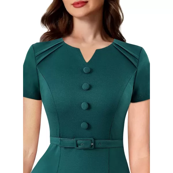 VFSHOW Womens Business Pleated Notch V Neck Buttons Fitted Work Office Elegant Belted Church Bodycon Pencil Sheath DressDark Green