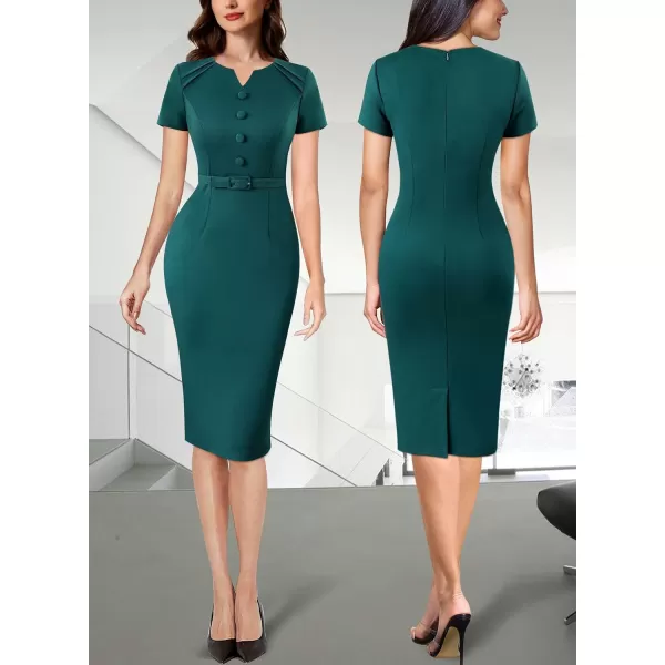 VFSHOW Womens Business Pleated Notch V Neck Buttons Fitted Work Office Elegant Belted Church Bodycon Pencil Sheath DressDark Green