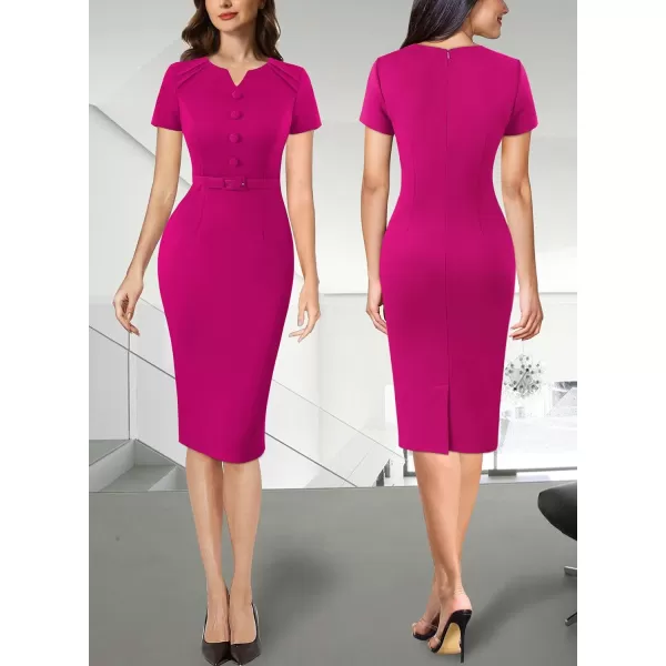 VFSHOW Womens Business Pleated Notch V Neck Buttons Fitted Work Office Elegant Belted Church Bodycon Pencil Sheath DressHot Pink