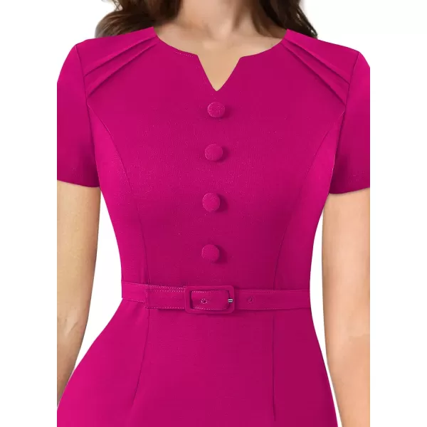 VFSHOW Womens Business Pleated Notch V Neck Buttons Fitted Work Office Elegant Belted Church Bodycon Pencil Sheath DressHot Pink