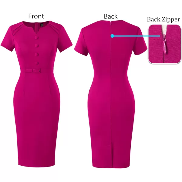 VFSHOW Womens Business Pleated Notch V Neck Buttons Fitted Work Office Elegant Belted Church Bodycon Pencil Sheath DressHot Pink