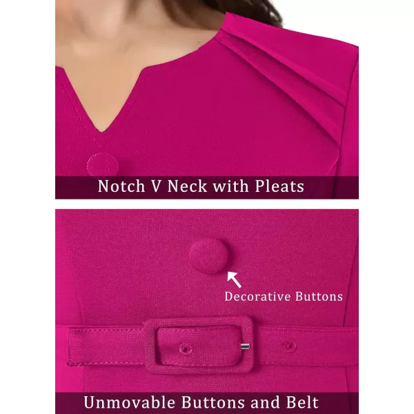 VFSHOW Womens Business Pleated Notch V Neck Buttons Fitted Work Office Elegant Belted Church Bodycon Pencil Sheath DressHot Pink