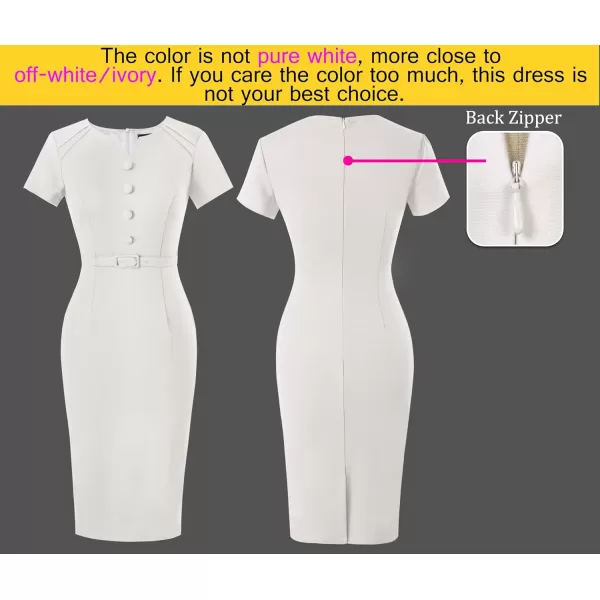 VFSHOW Womens Business Pleated Notch V Neck Buttons Fitted Work Office Elegant Belted Church Bodycon Pencil Sheath DressOffwhite