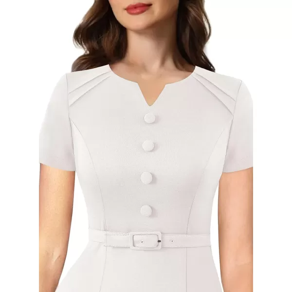 VFSHOW Womens Business Pleated Notch V Neck Buttons Fitted Work Office Elegant Belted Church Bodycon Pencil Sheath DressOffwhite