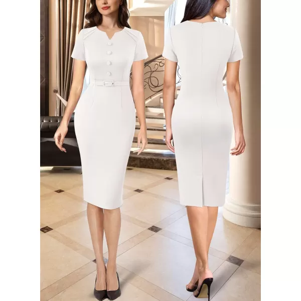 VFSHOW Womens Business Pleated Notch V Neck Buttons Fitted Work Office Elegant Belted Church Bodycon Pencil Sheath DressOffwhite