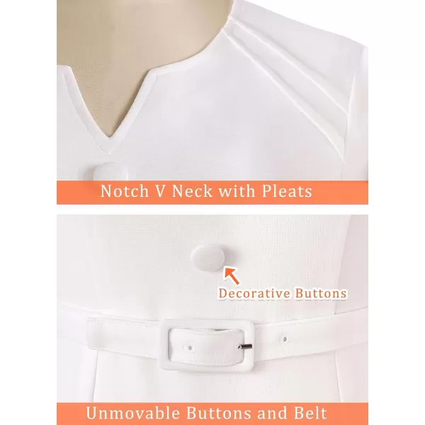 VFSHOW Womens Business Pleated Notch V Neck Buttons Fitted Work Office Elegant Belted Church Bodycon Pencil Sheath DressOffwhite