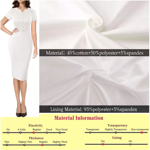 VFSHOW Womens Business Pleated Notch V Neck Buttons Fitted Work Office Elegant Belted Church Bodycon Pencil Sheath DressOffwhite