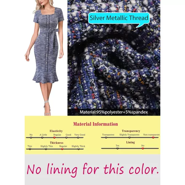 VFSHOW Womens Business Retro Square Neck Button Cocktail Church Mermaid Dress Elegant Office Belted Slim Fitted Bodycon DressBlue Tweed