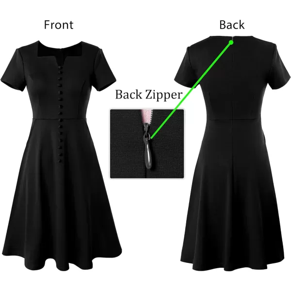 VFSHOW Womens Business Square Neck Notch Buttons Work Office Dress Elegant Vintage Church Pockets Fit and Flare ALine DressBlack