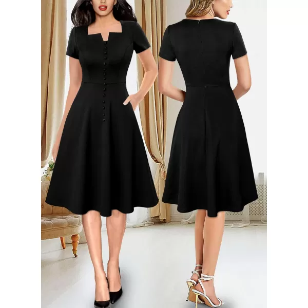 VFSHOW Womens Business Square Neck Notch Buttons Work Office Dress Elegant Vintage Church Pockets Fit and Flare ALine DressBlack