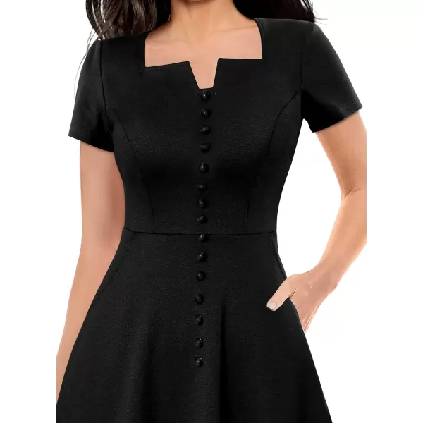 VFSHOW Womens Business Square Neck Notch Buttons Work Office Dress Elegant Vintage Church Pockets Fit and Flare ALine DressBlack