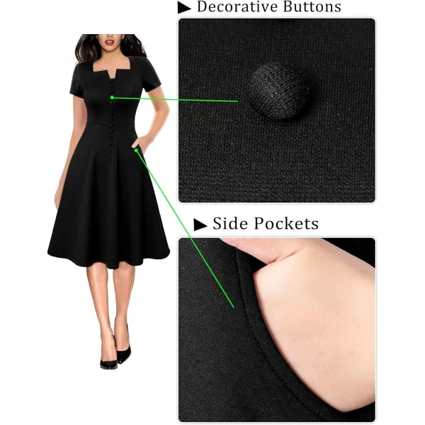 VFSHOW Womens Business Square Neck Notch Buttons Work Office Dress Elegant Vintage Church Pockets Fit and Flare ALine DressBlack