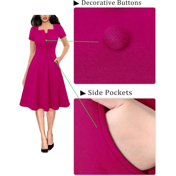 VFSHOW Womens Business Square Neck Notch Buttons Work Office Dress Elegant Vintage Church Pockets Fit and Flare ALine DressHot Pink