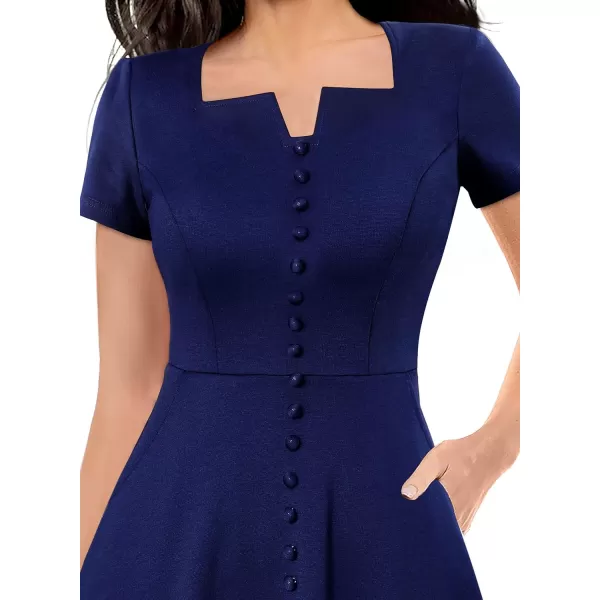 VFSHOW Womens Business Square Neck Notch Buttons Work Office Dress Elegant Vintage Church Pockets Fit and Flare ALine DressNavy Blue