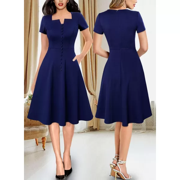 VFSHOW Womens Business Square Neck Notch Buttons Work Office Dress Elegant Vintage Church Pockets Fit and Flare ALine DressNavy Blue