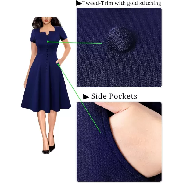 VFSHOW Womens Business Square Neck Notch Buttons Work Office Dress Elegant Vintage Church Pockets Fit and Flare ALine DressNavy Blue