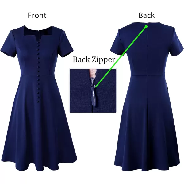 VFSHOW Womens Business Square Neck Notch Buttons Work Office Dress Elegant Vintage Church Pockets Fit and Flare ALine DressNavy Blue