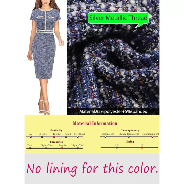 VFSHOW Womens Button Crew Neck Slim Wear to Work Office Party Bodycon Pencil DressBlue Tweed Short Sleeve2