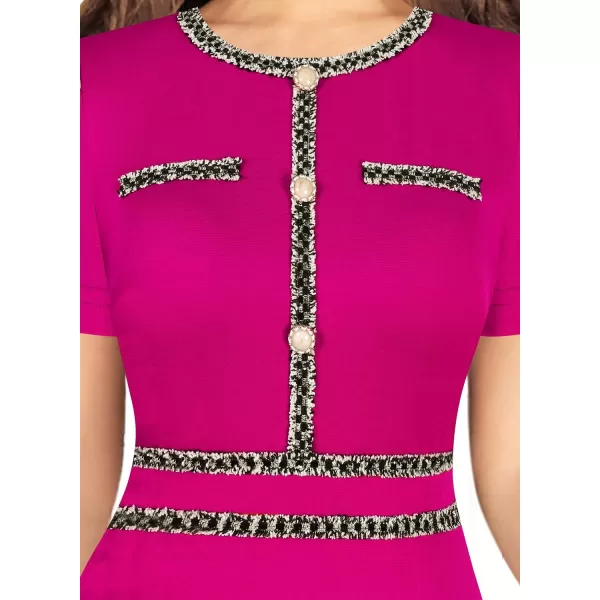 VFSHOW Womens Button Crew Neck Slim Wear to Work Office Party Bodycon Pencil DressHot Pink With Tweed Trim