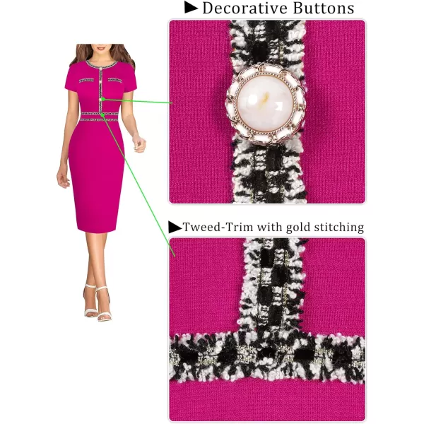 VFSHOW Womens Button Crew Neck Slim Wear to Work Office Party Bodycon Pencil DressHot Pink With Tweed Trim